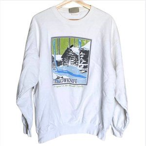 Vintage Yellowknife Graphic Print Pullover Long Sleeve Crew Neck White Large